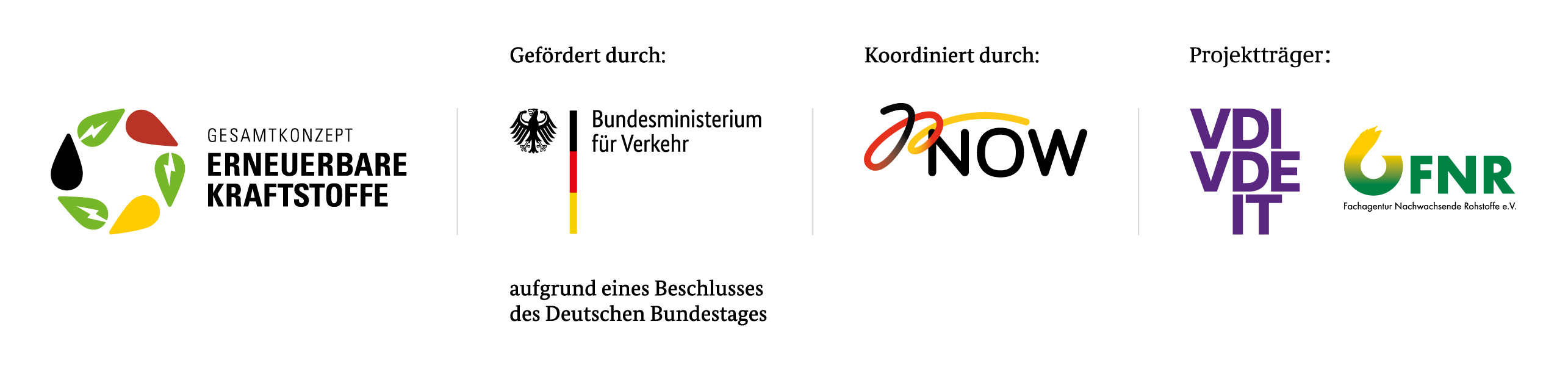 Erneuerbare Kraftstoffe Gesamtkonzept, BMDV, Bundesministerium für Digitales und Verkehr, NOW, VDI/VDE/IT, FNR; Logos