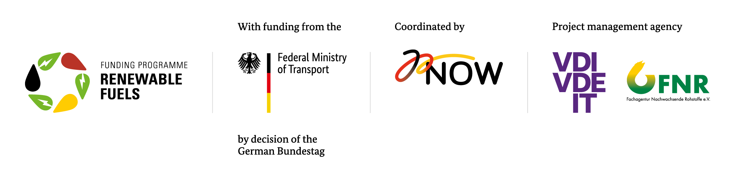 Funding Programme Renewable Fuels, Federal Ministry of Transport, NOW, VDI/VDE/IT, FNR; Logos