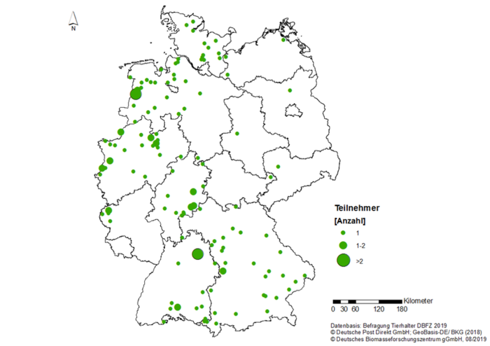 Abbildung 1: Standorte Rücklauf Tierhalterbefragung 2019 DBFZ, Bezugsebene: Postleitzahl
