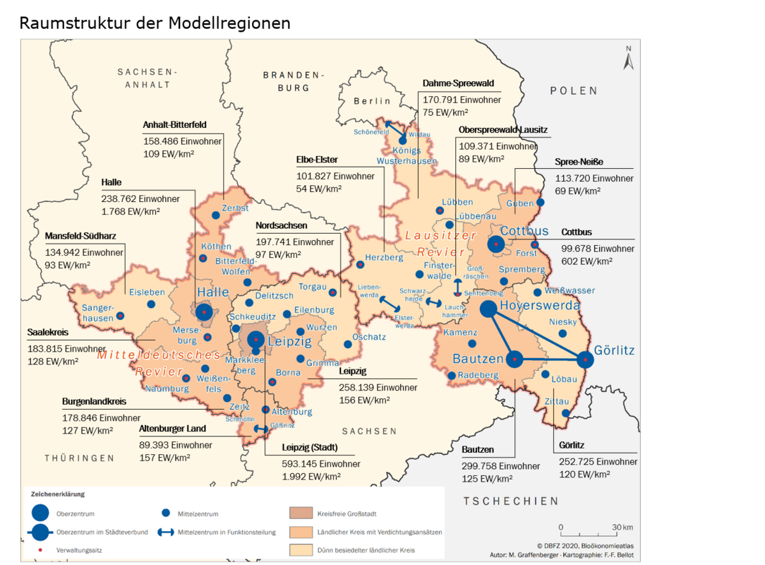 Die Karte zeigt die Raumstruktur der Modellregionen. Das Lausitzer Revier und das Mitteldeutsche Revier erstrecken sich über mehrere Bundesländer.