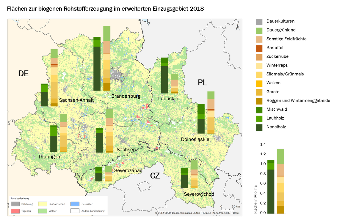 Die Karte zeigt die Verteilung der der Landwirtschafts- und Waldflächen nach verschiedenen Anbaukulturen und Waldgesellschaften (Nadel-, Laub-, Mischwald) im erweiterten Einzugsgebiet der Reviere inklusive angrenzender polnischer und tschechischer Regionen.