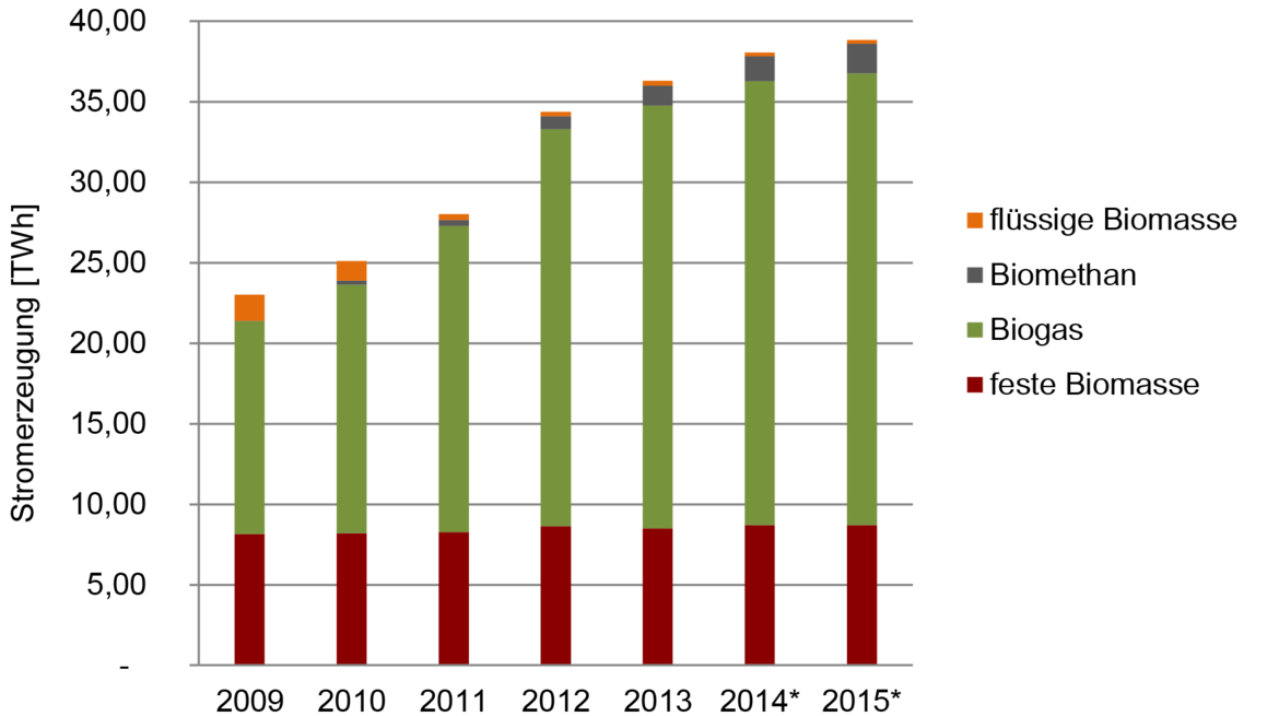 Stromerzeugung aus Biomasse im Rahmen des EEG, unterteilt nach Bioenergieträgern