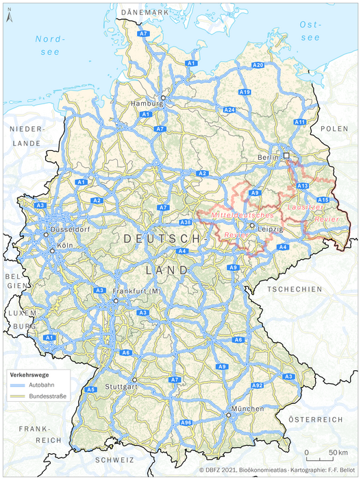 Die Karte visualisiert die Autobahnen und Bundesstraßen in Deutschland.