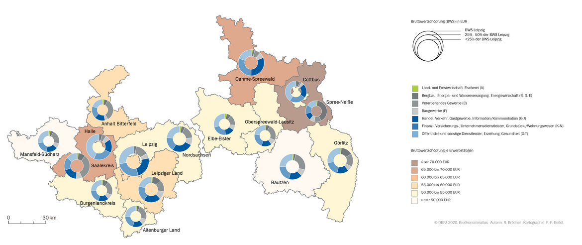 Die Karte zeigt die durchschnittliche Wertschöpfung je Erwerbstätigen und deren prozentuale Anteile an den Wirtschaftszweigen im Mitteldeutschen und im Lausitzer Revier.