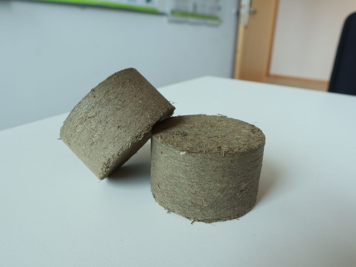 MoorFaser-Briketts. ©Mareike Meyer Die Rohe Moor-Biomasse wird durch das MoorFaserWerk so aufbereitet, dass die Moorfaser sich zu einem Brikett formen lassen. Dadurch sind die Briketts Formstabil und können für die weitere Verwendung transportiert werden.