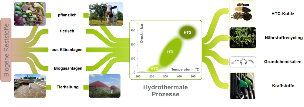 Fließschema Ausgangsstoffe und Produkte hydrothermaler Prozesse