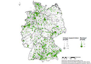 Versand und Rücklauf DBFZ Betreiberbefragung 2019 dargestellt auf einer Deutschlandkarte